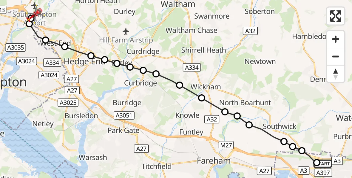 Flight route Air Ambulance Helicopter Queen Alexandra Hospital - Southampton Airport, 28 September 2026, 08:52