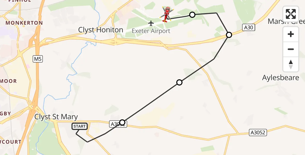 Flight route Air Ambulance Helicopter Clyst St Mary - Exeter International Airport, 28 September 2026, 09:03