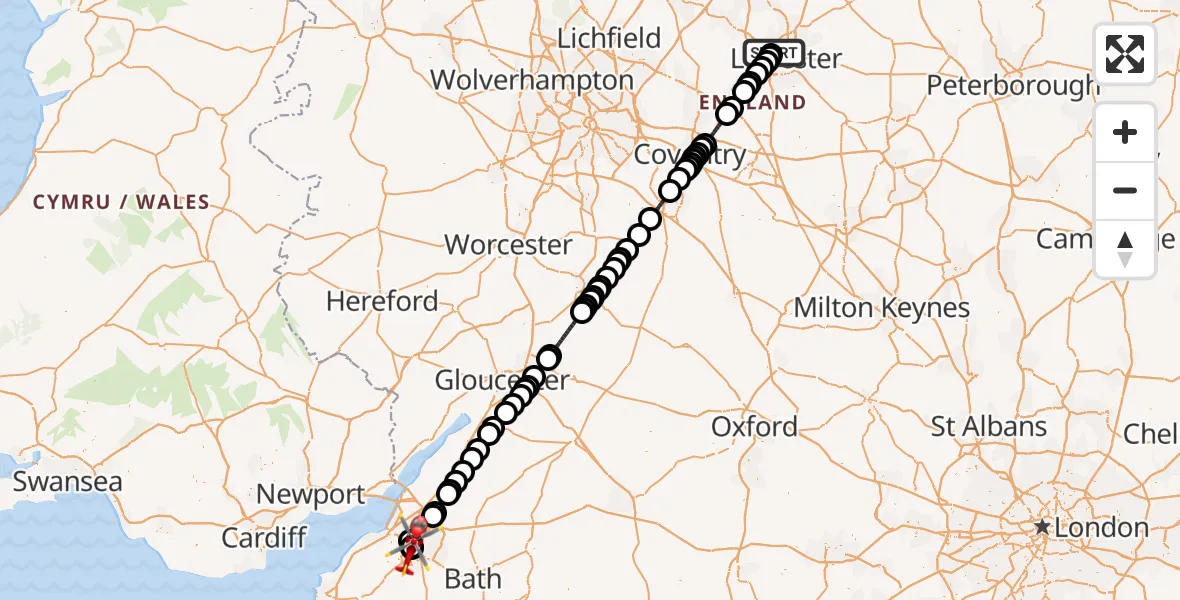 Flight route Air Ambulance Helicopter New Parks - Bristol Royal Infirmary, 28 September 2026, 09:07