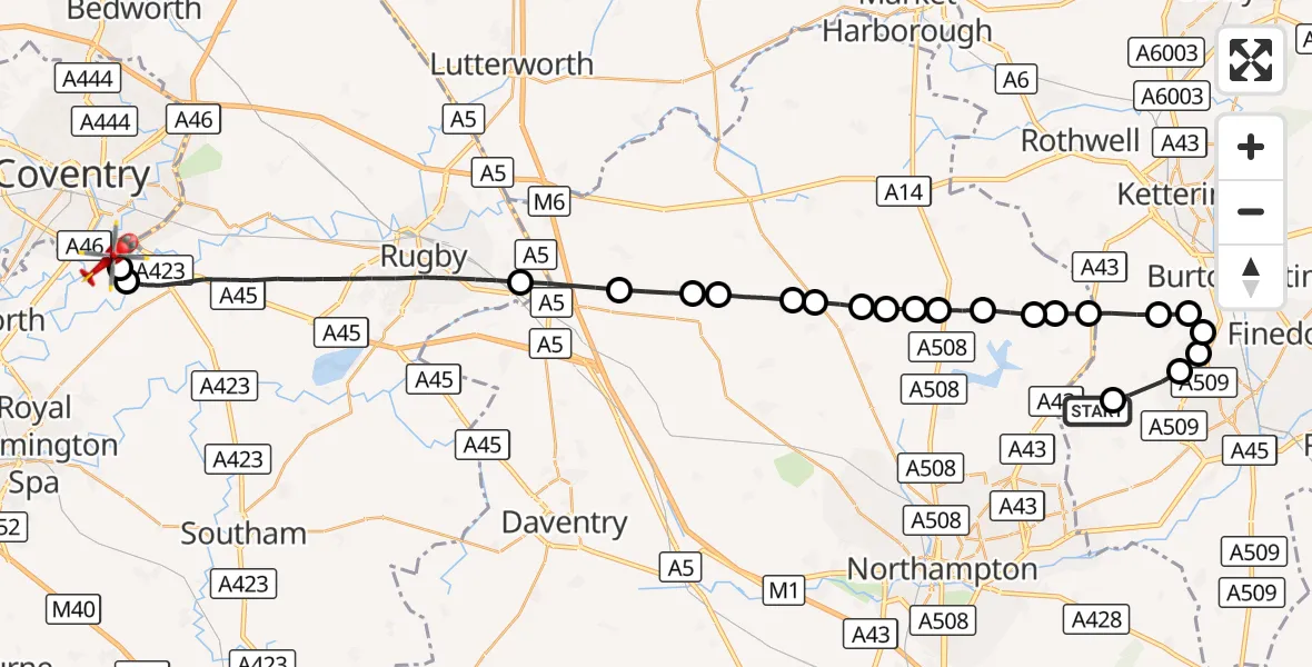 Flight route Air Ambulance Helicopter Sywell Aerodrome - Coventry Airport, 28 September 2026, 09:14