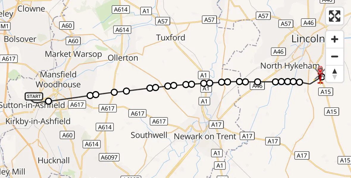 Flight route Air Ambulance Helicopter Sutton in Ashfield - North Kesteven, 28 September 2026, 09:29