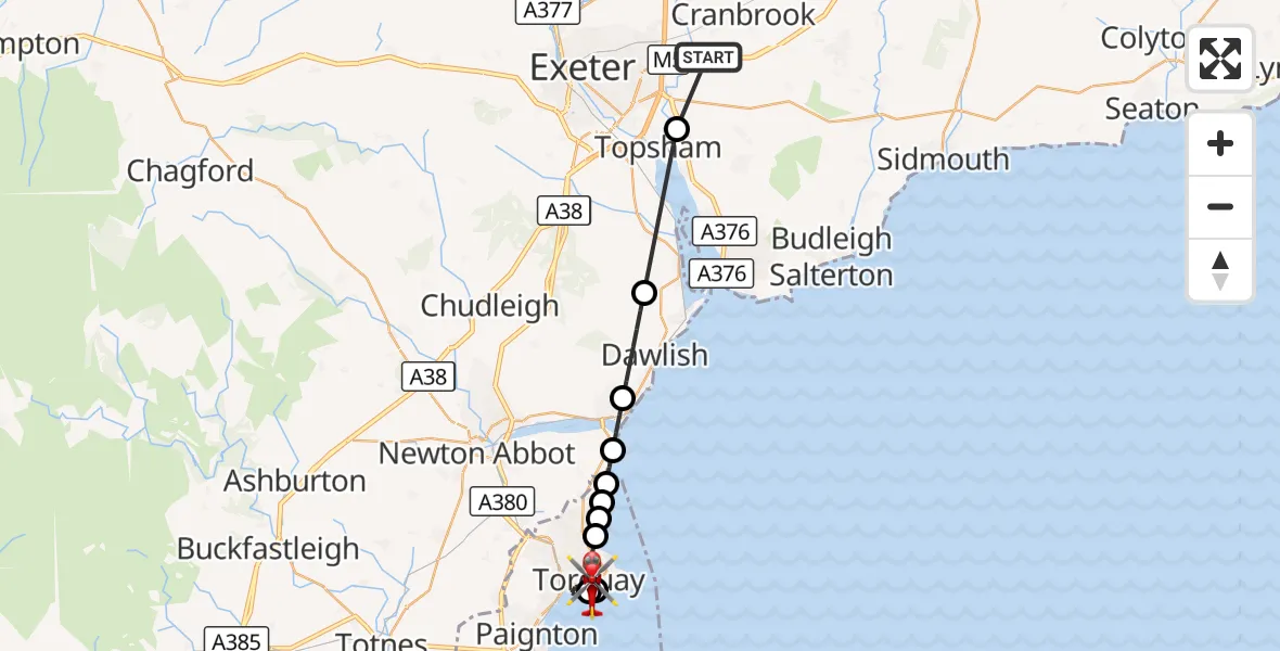 Flight route Air Ambulance Helicopter Exeter International Airport - Torquay, 28 September 2026, 09:44