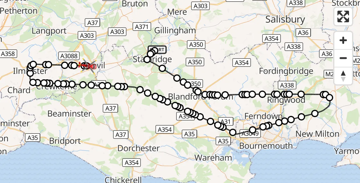 Flight route Air Ambulance Helicopter Henstridge Airfield - Yeovil/Westland Aerodrome, 28 September 2026, 09:46