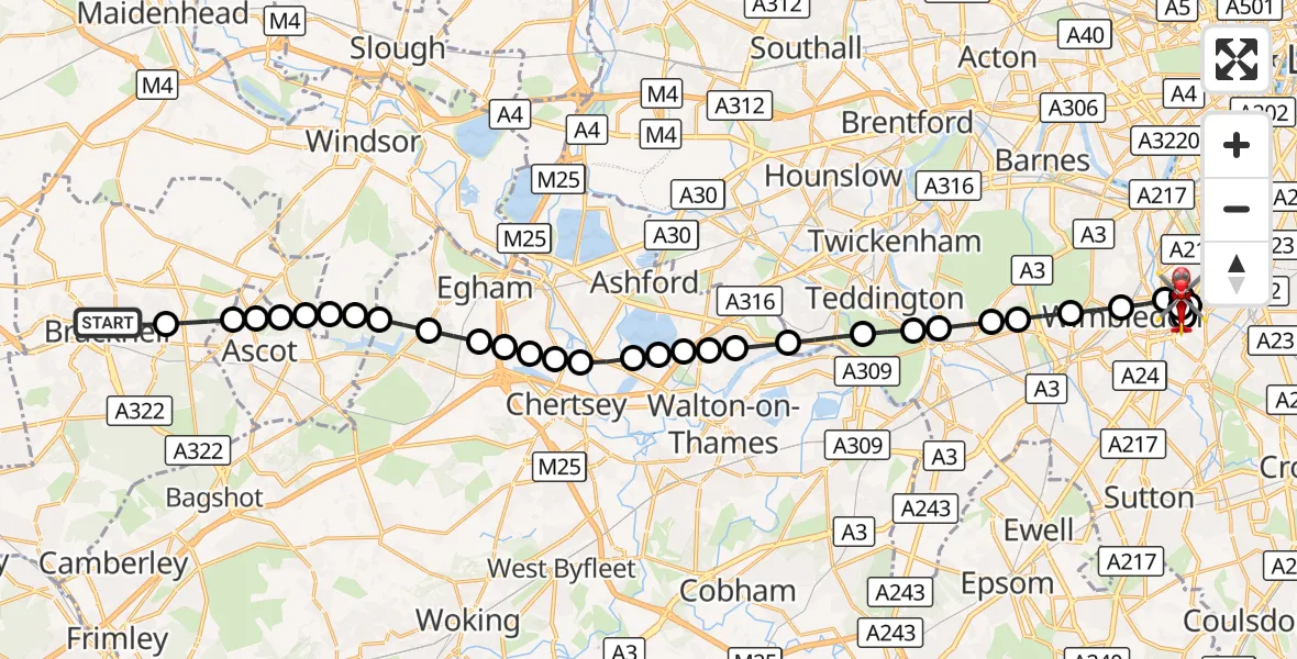 Flight route Air Ambulance Helicopter Bracknell - St Georges Hospital, 28 September 2026, 09:49