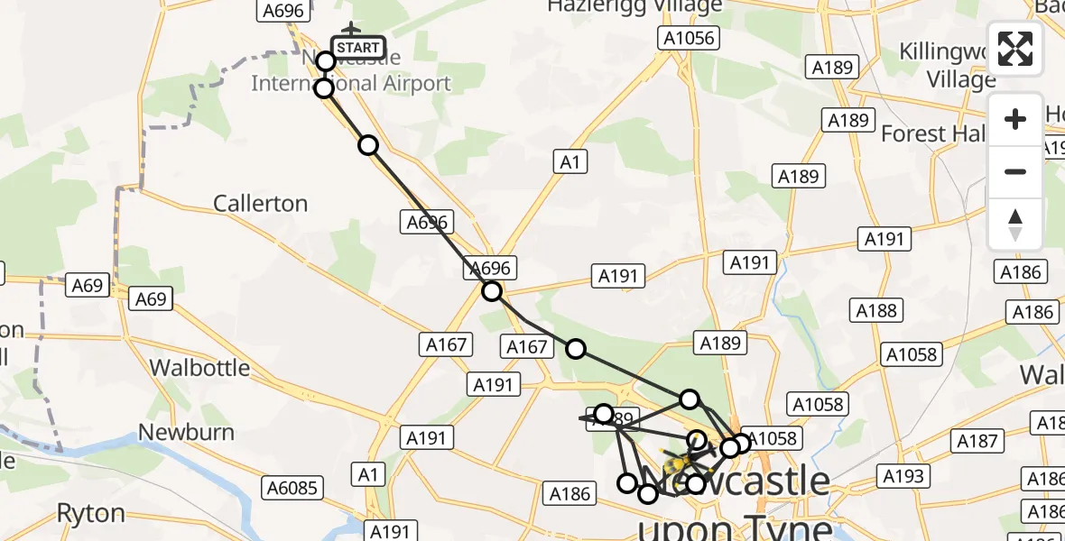 Flight route Police Helicopter Newcastle International Airport - Newcastle Royal Victoria Infirmary, 28 September 2026, 10:04