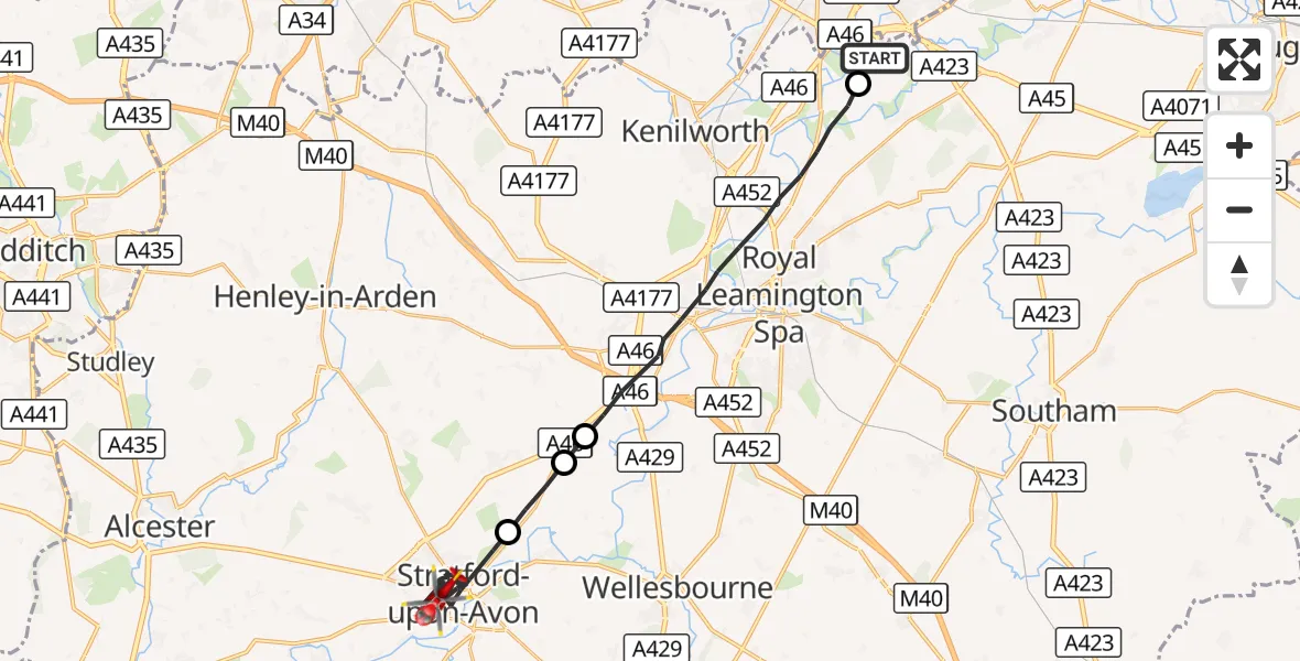 Flight route Air Ambulance Helicopter Coventry Airport - Stratford-upon-Avon, 28 September 2026, 10:07