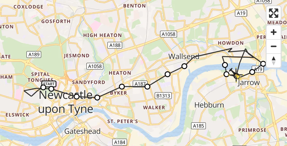 Flight route Police Helicopter Newcastle Royal Victoria Infirmary - Jarrow, 28 September 2026, 10:13
