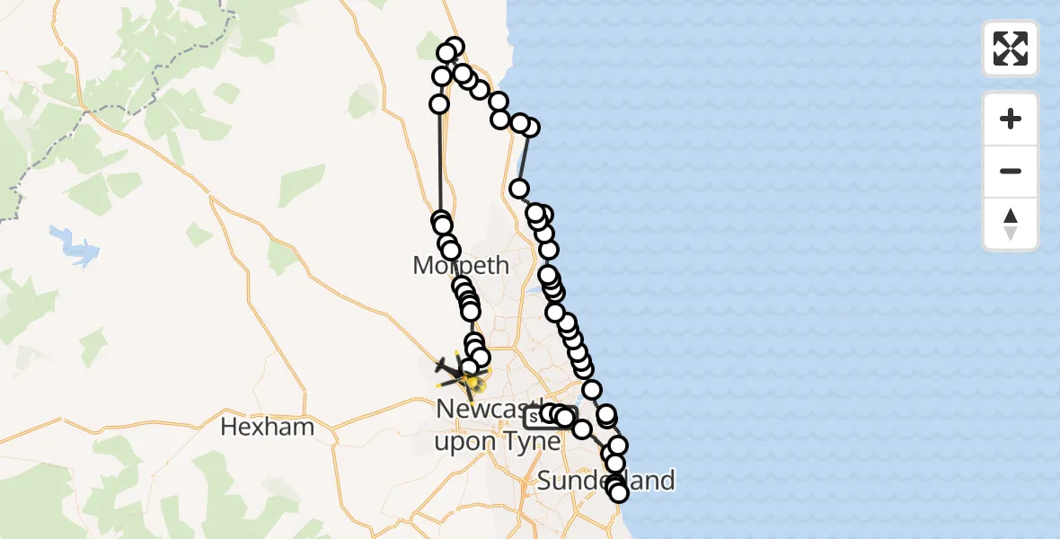 Flight route Police Helicopter Jarrow - Woolsington, 28 September 2026, 10:21