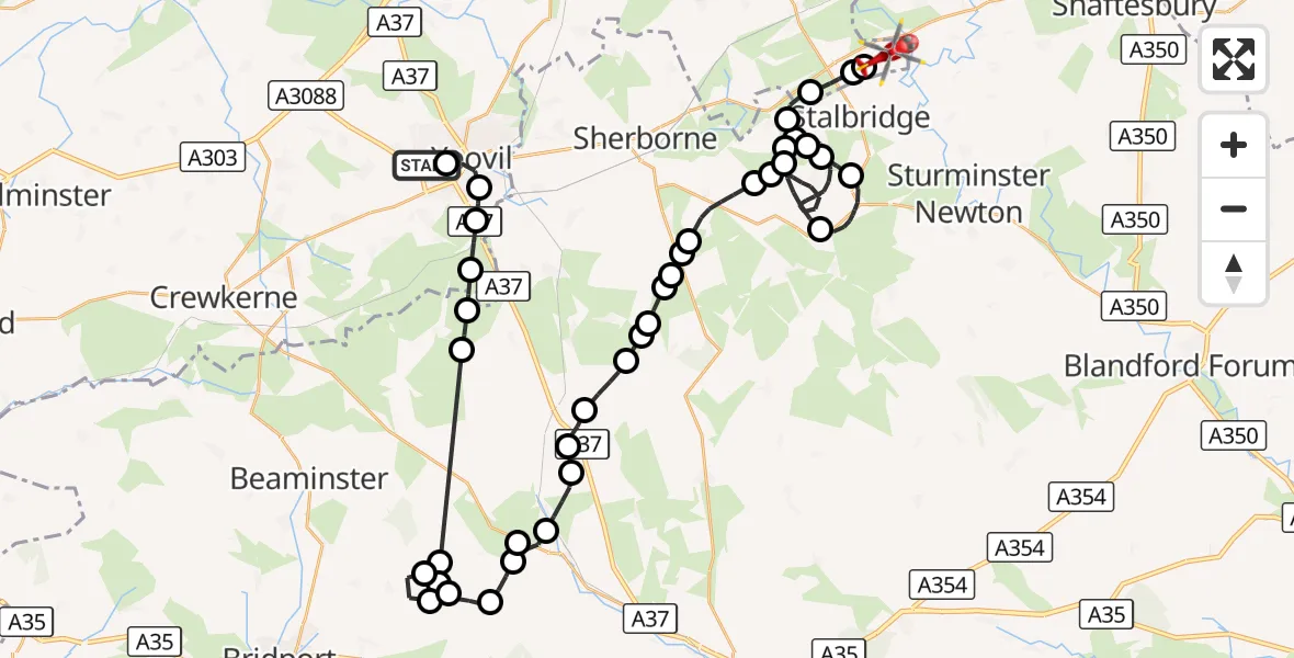 Flight route Air Ambulance Helicopter Yeovil/Westland Aerodrome - Henstridge Airfield, 28 September 2026, 10:55