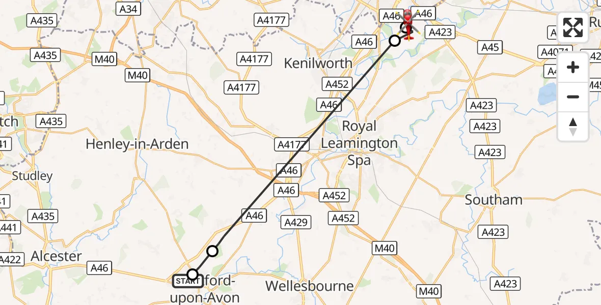 Flight route Air Ambulance Helicopter Stratford-upon-Avon - Coventry Airport, 28 September 2026, 10:58