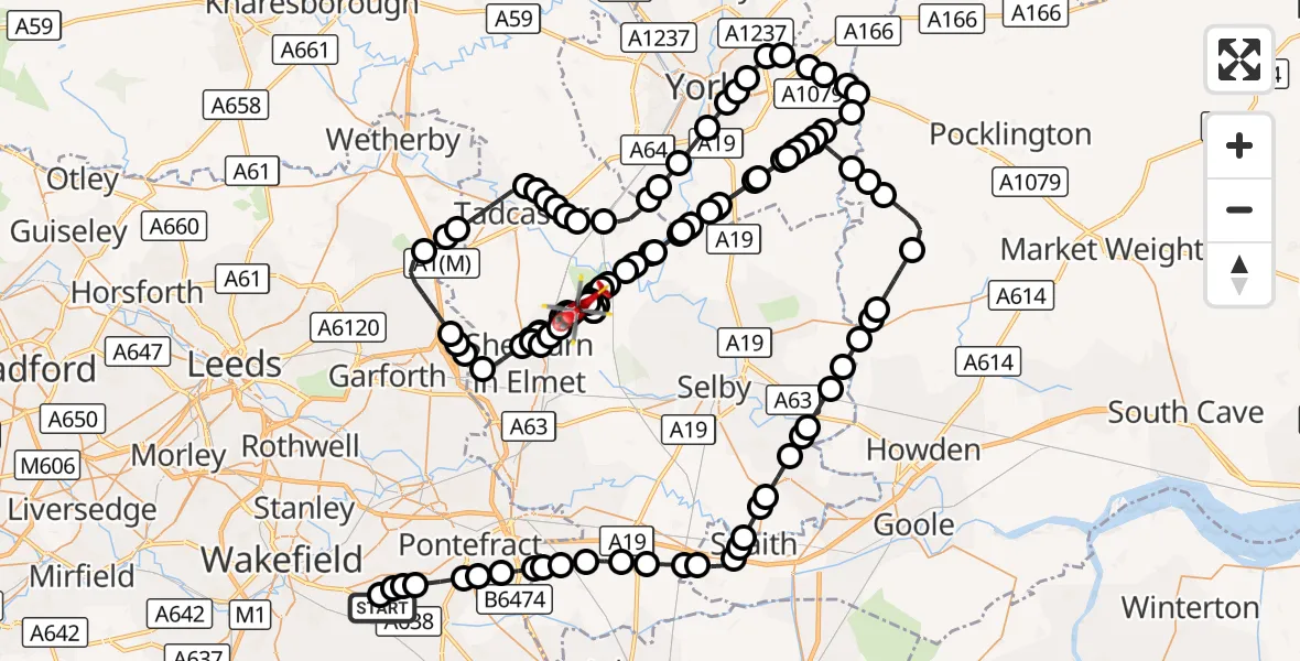 Flight route Air Ambulance Helicopter YAA Nostell Helicopter Port - Leeds East Airport, 28 September 2026, 11:07