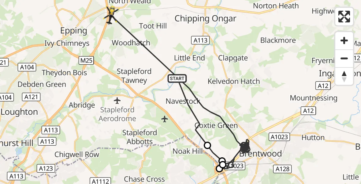 Flight route Police Helicopter Brentwood - North Weald Bassett, 28 September 2026, 11:11