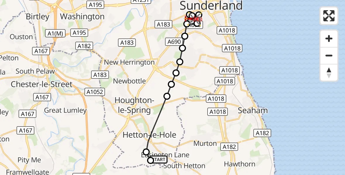 Flight route Air Ambulance Helicopter Easington Lane - Millfield, 28 September 2026, 11:43