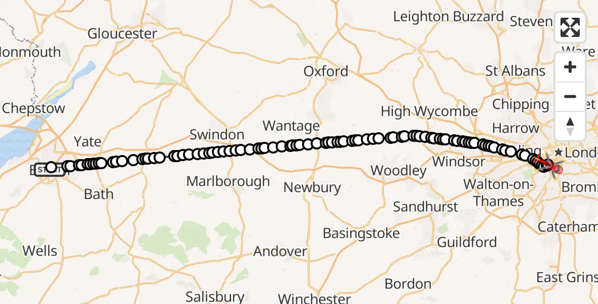 Flight route Air Ambulance Helicopter Bristol Royal Infirmary - London Heliport, 28 September 2026, 11:45
