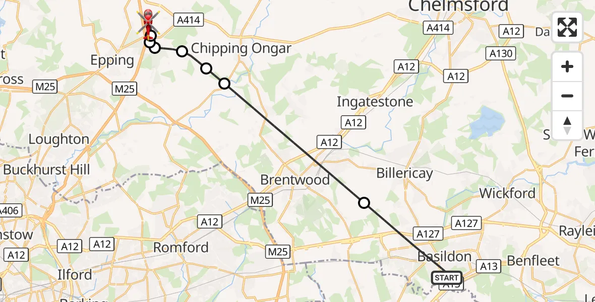 Flight route Air Ambulance Helicopter Basildon - North Weald Airfield, 28 September 2026, 11:47