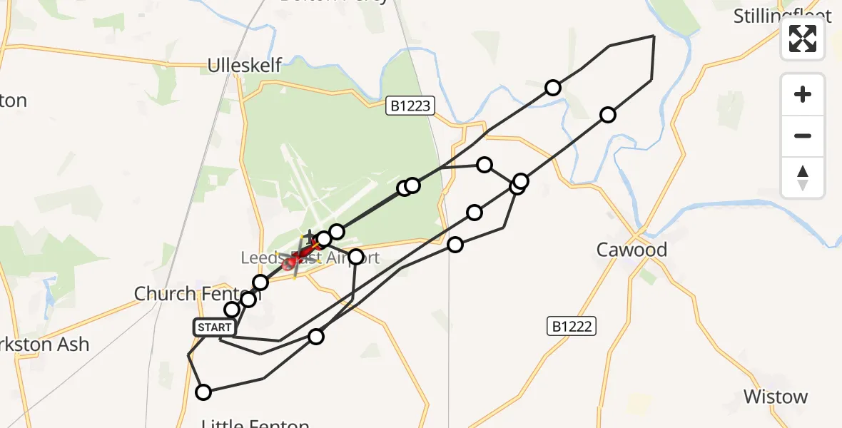 Flight route Air Ambulance Helicopter Church Fenton - Leeds East Airport, 28 September 2026, 12:11