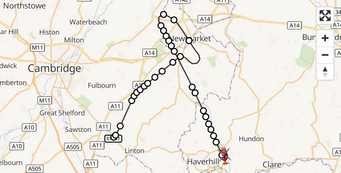 Flight route Air Ambulance Helicopter Hildersham - Kedington, 28 September 2026, 12:22