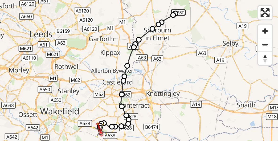 Flight route Air Ambulance Helicopter Leeds East Airport - YAA Nostell Helicopter Port, 28 September 2026, 12:28