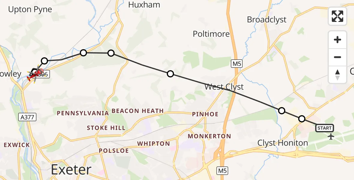 Flight route Air Ambulance Helicopter Exeter International Airport - Cowley, 28 September 2026, 12:30