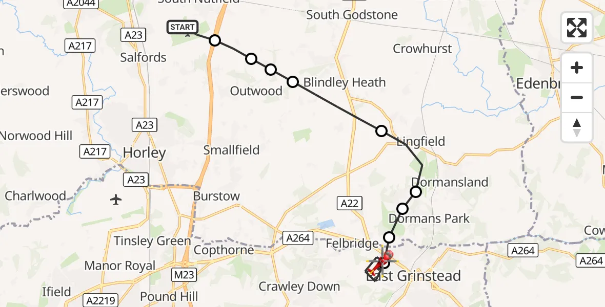 Flight route Air Ambulance Helicopter Redhill Aerodrome - East Grinstead, 28 September 2026, 12:38