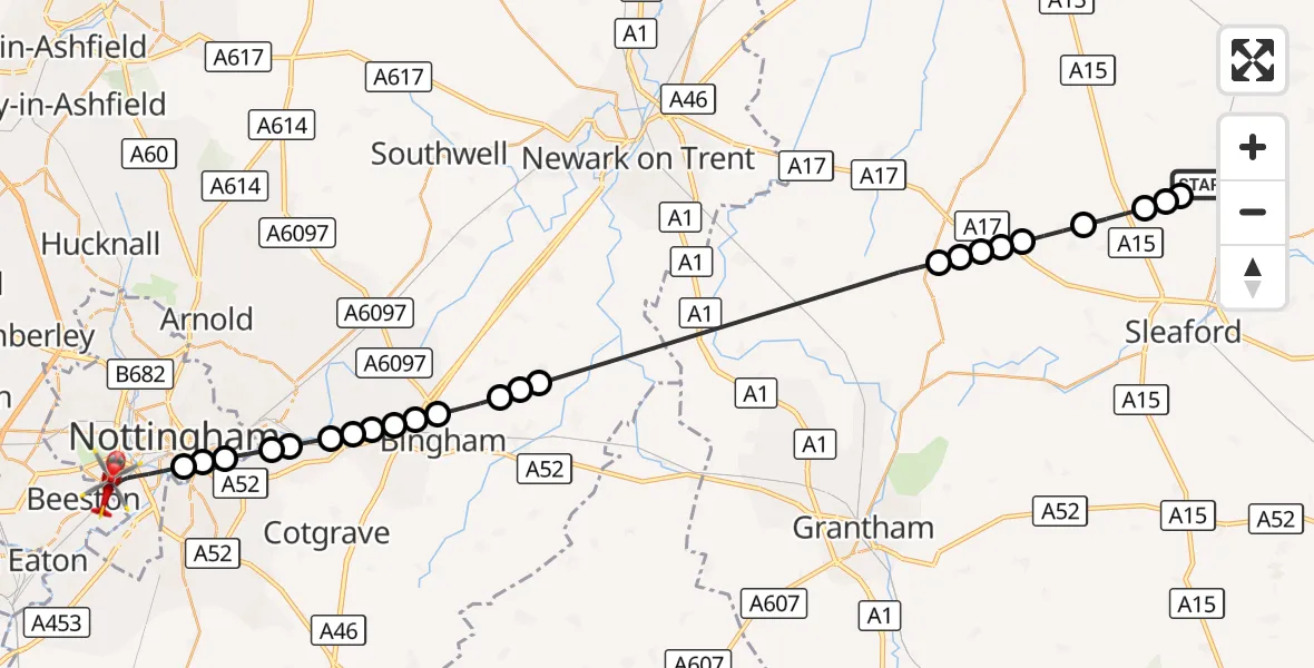 Flight route Air Ambulance Helicopter Dorrington - City of Nottingham, 28 September 2026, 13:08