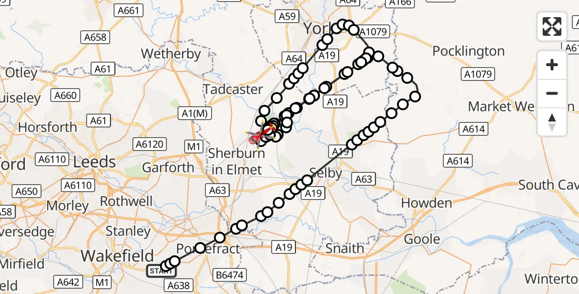 Flight route Air Ambulance Helicopter Sharlston - Leeds East Airport, 28 September 2026, 13:17