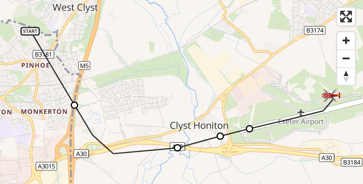 Flight route Air Ambulance Helicopter Exeter - Exeter International Airport, 28 September 2026, 13:17