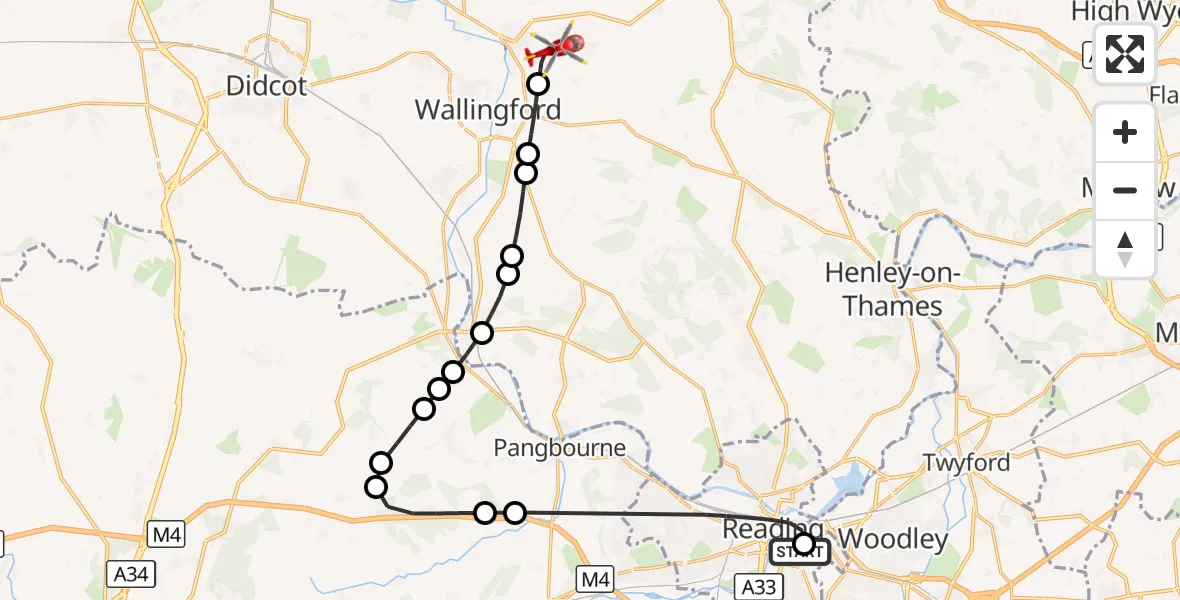 Flight route Air Ambulance Helicopter Royal Berkshire Hospital - RAF Benson, 28 September 2026, 13:22