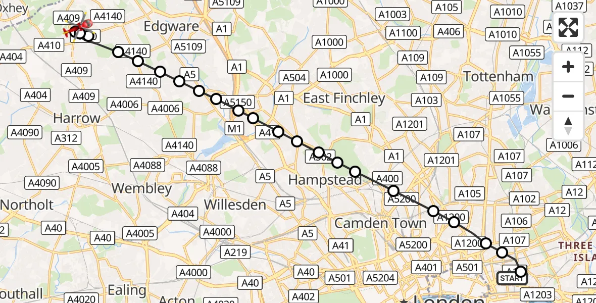 Flight route Air Ambulance Helicopter Royal London Hospital - Harrow Weald, 28 September 2026, 13:27