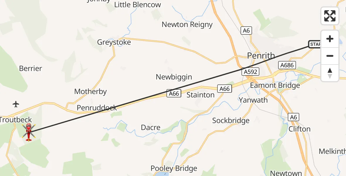 Flight route Air Ambulance Helicopter Penrith - Matterdale End, 28 September 2026, 13:36