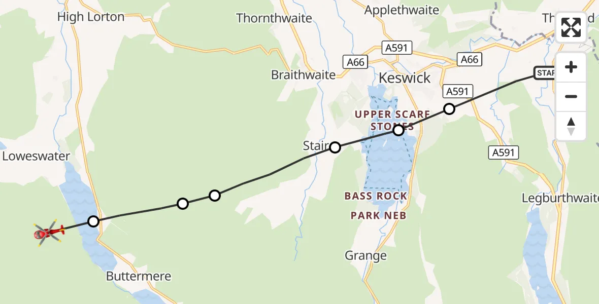 Flight route Air Ambulance Helicopter St. John's Castlerigg and Wythburn - Loweswater, 28 September 2026, 13:42
