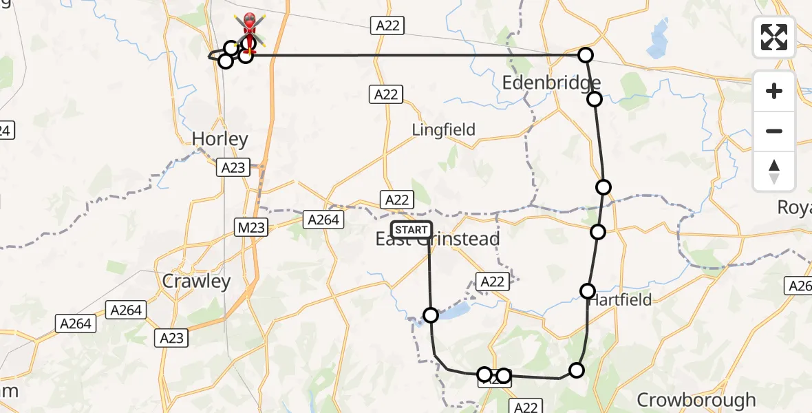 Flight route Air Ambulance Helicopter East Grinstead - Redhill Aerodrome, 28 September 2026, 13:44