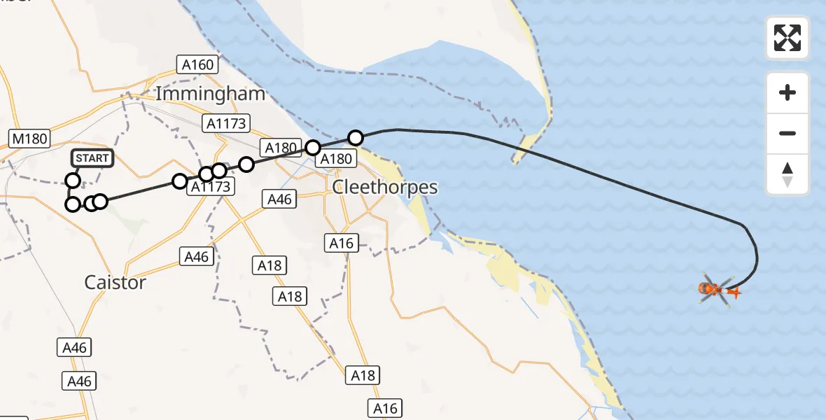 Flight route Coastguard Helicopter Humberside Airport - North Sea, 28 September 2026, 13:44