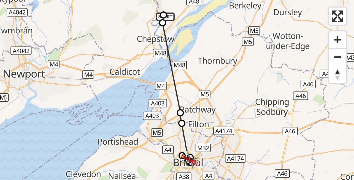 Flight route Air Ambulance Helicopter Tidenham Chase - Bristol Children's Hospital, 28 September 2026, 13:51
