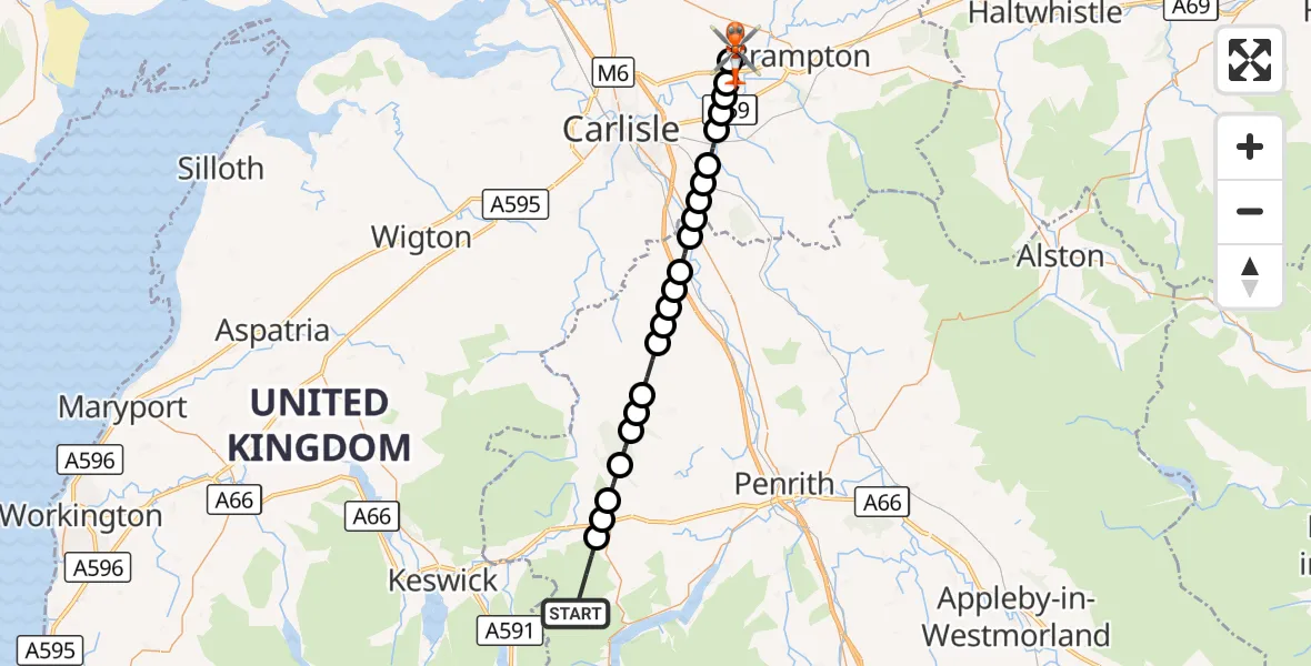 Flight route Coastguard Helicopter Matterdale - Carlisle Lake District Airport, 28 September 2026, 13:56