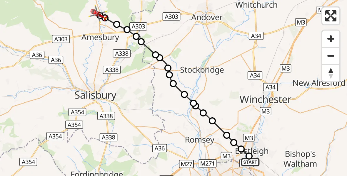 Flight route Air Ambulance Helicopter Southampton Airport - Figheldean, 28 September 2026, 14:11