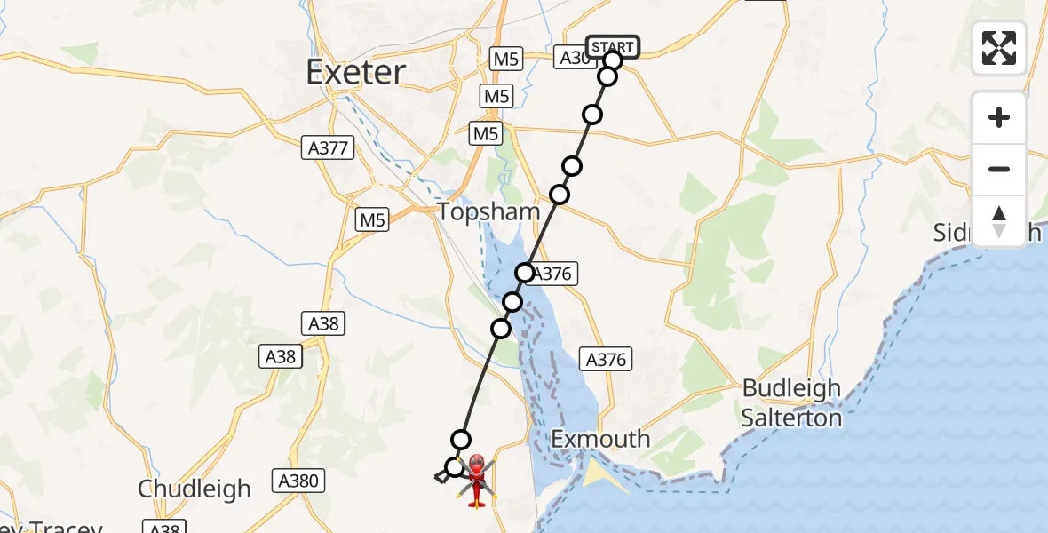 Flight route Air Ambulance Helicopter Exeter International Airport - Dawlish, 28 September 2026, 14:16