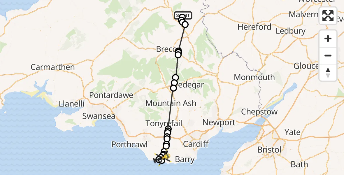 Flight route Police Helicopter Llandeilo Graban - MOD St Athan, 28 September 2026, 14:17