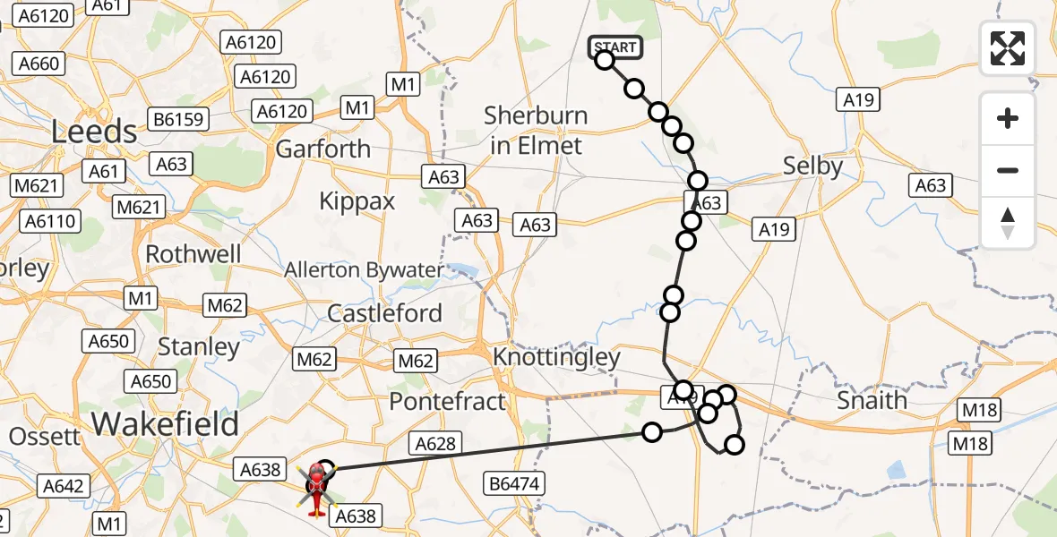 Flight route Air Ambulance Helicopter Leeds East Airport - YAA Nostell Helicopter Port, 28 September 2026, 14:19
