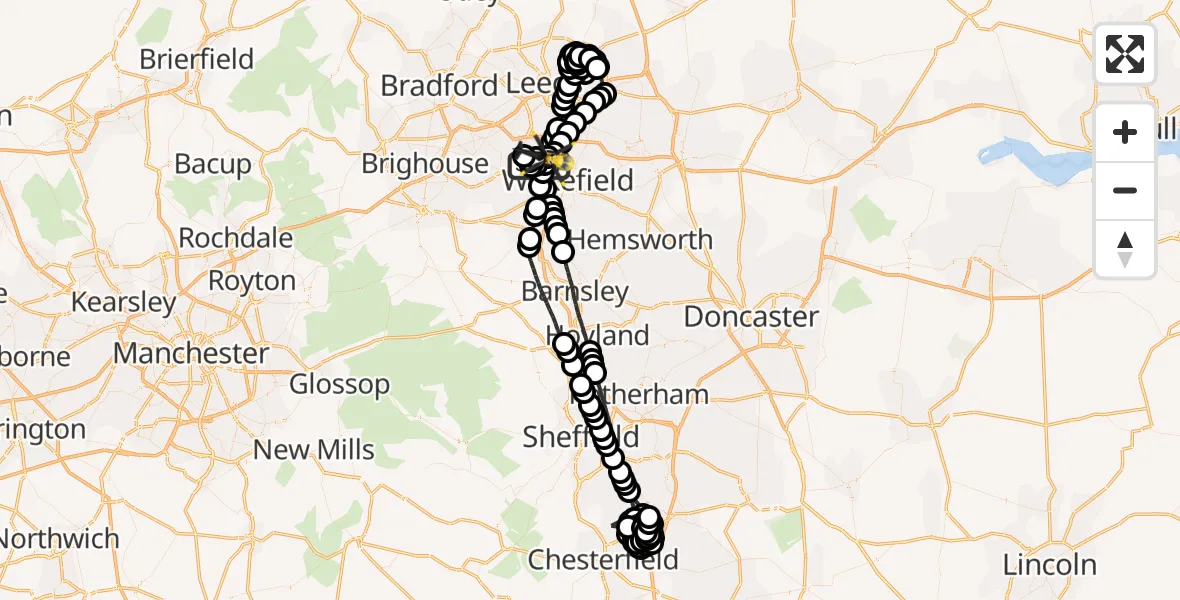 Flight route Police Helicopter Ossett - East Ardsley, 28 September 2026, 14:20