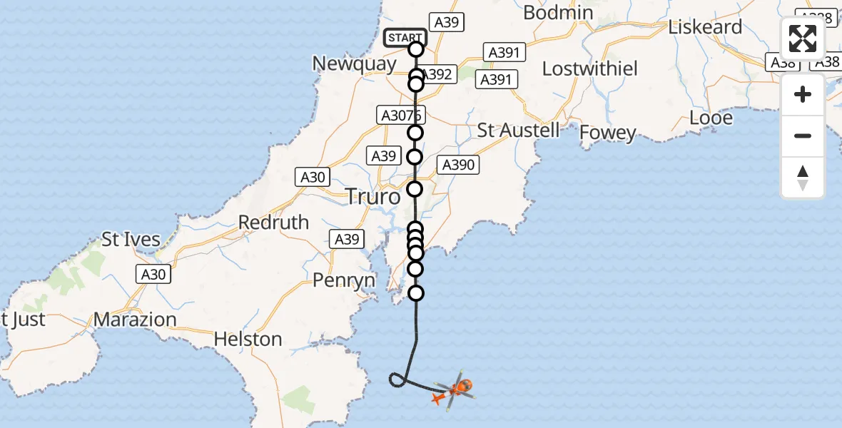 Flight route Coastguard Helicopter Cornwall Airport Newquay - English Channel, 28 September 2026, 14:20