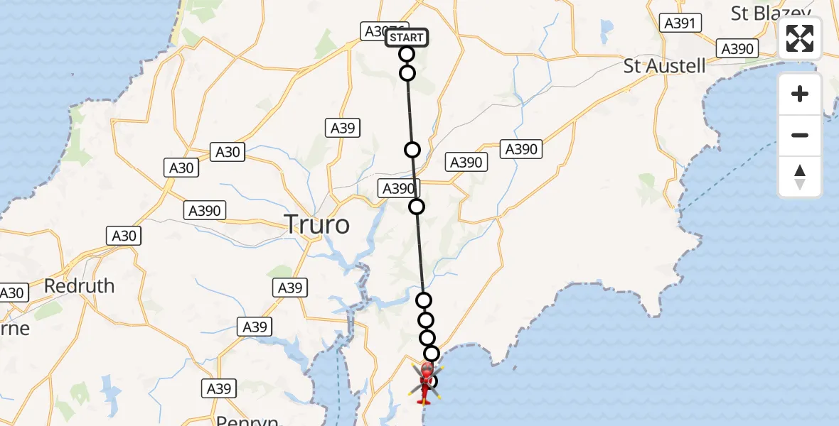 Flight route Air Ambulance Helicopter St. Newlyn East - Portscatho, 28 September 2026, 14:33