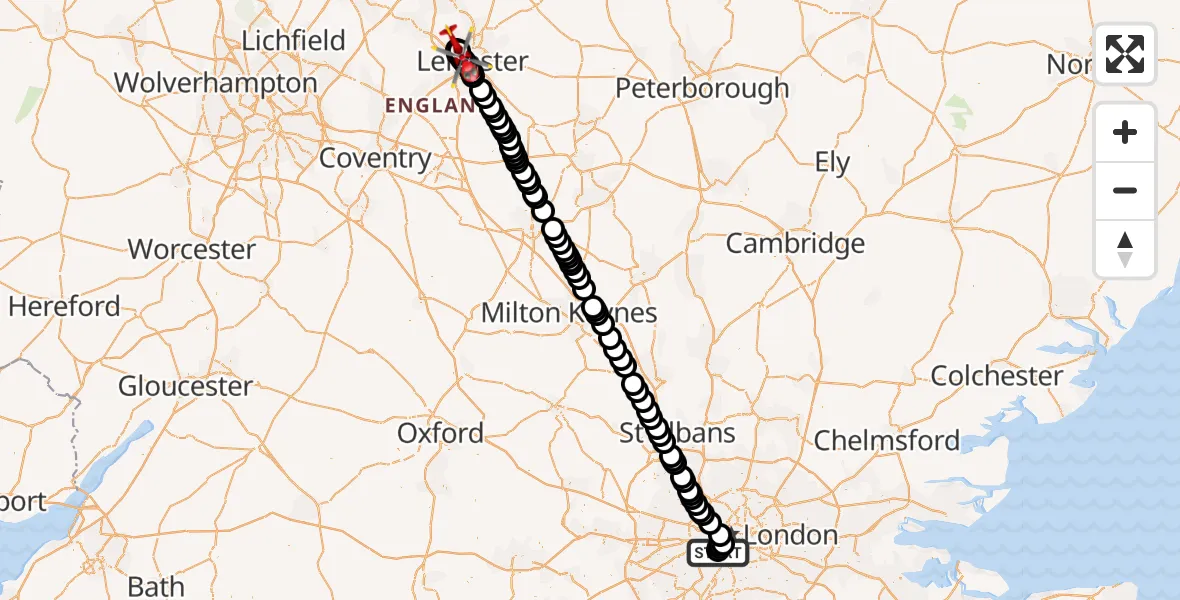 Flight route Air Ambulance Helicopter London Heliport - New Parks, 28 September 2026, 14:36