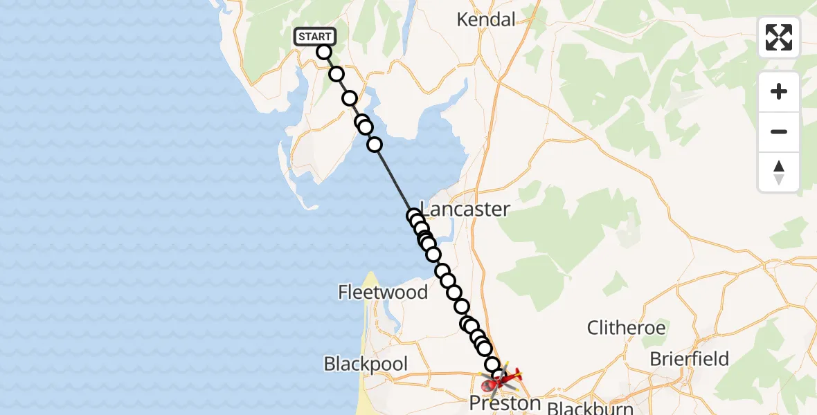 Flight route Air Ambulance Helicopter Broughton in Furness - Royal Preston, 28 September 2026, 14:57