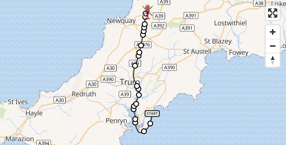 Flight route Air Ambulance Helicopter Portscatho - Cornwall Airport Newquay, 28 September 2026, 15:04