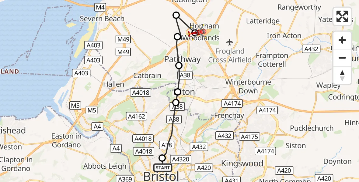 Flight route Air Ambulance Helicopter Bristol Royal Infirmary - Almondsbury Helicopter Base, 28 September 2026, 15:05