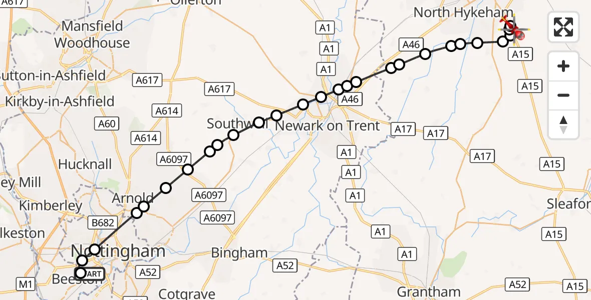 Flight route Air Ambulance Helicopter City of Nottingham - North Kesteven, 28 September 2026, 15:07