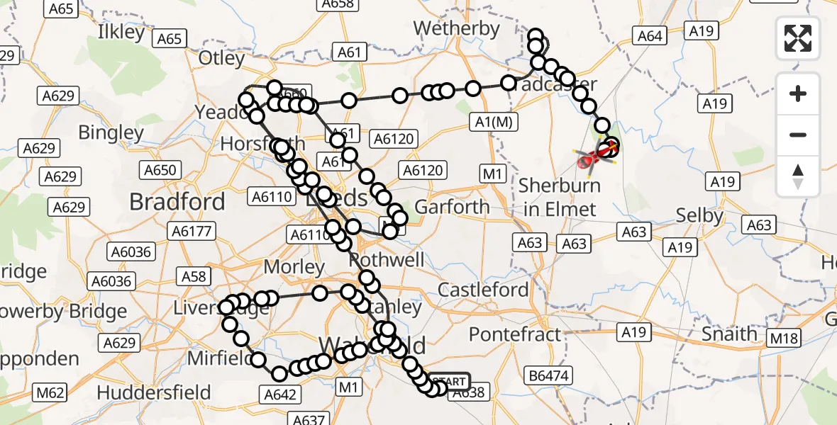 Flight route Air Ambulance Helicopter YAA Nostell Helicopter Port - Leeds East Airport, 28 September 2026, 15:10