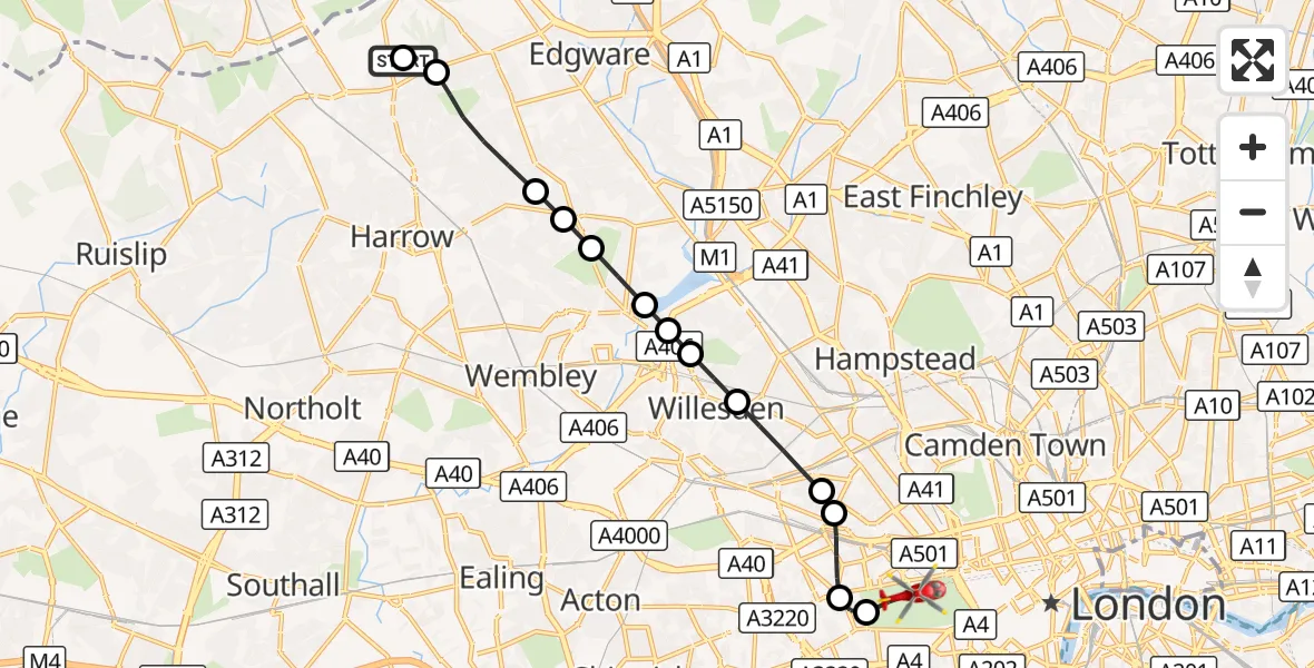 Flight route Air Ambulance Helicopter Harrow Weald - City of Westminster, 28 September 2026, 15:14
