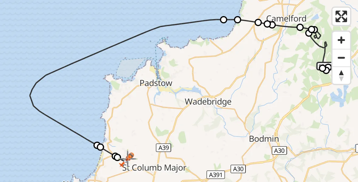 Flight route Coastguard Helicopter Altarnun - Cornwall Airport Newquay, 28 September 2026, 15:27